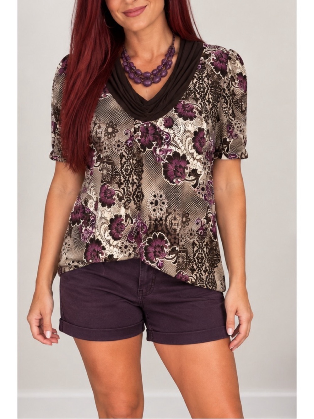 Maurices Beautiful brown and purple floral-print top, a dramatic draped cowl